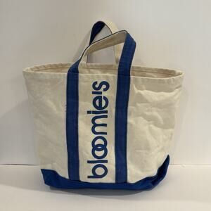 Bloomingdale's Bloomie's Cream And Blue Graphic Print Canvas Tote Bag
